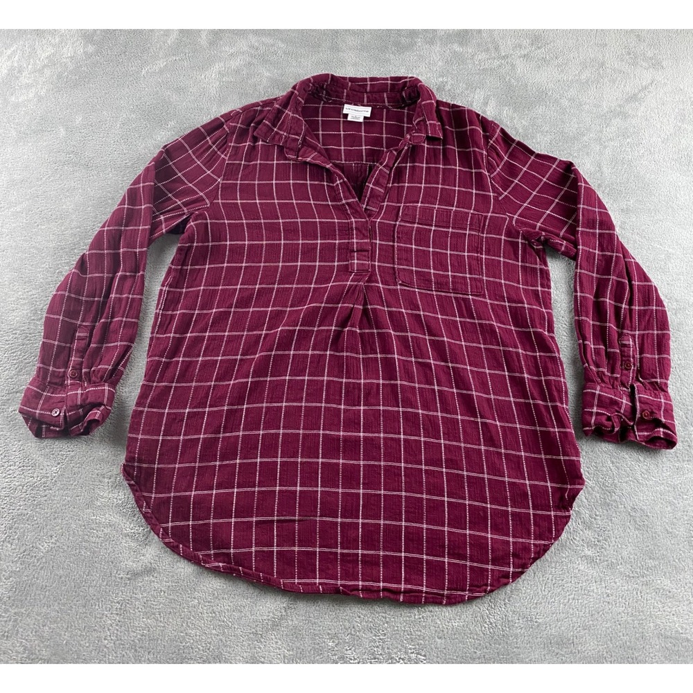 Liz Claiborne Womens Burgundy Windowpane Plaid Long Sleeve Tunic Blouse Large